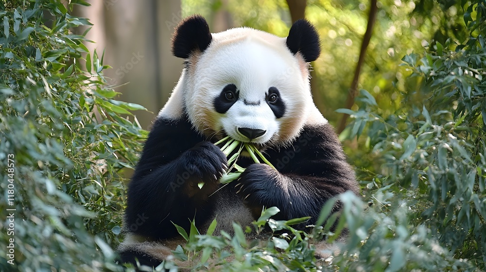 Obraz premium Panda Eating Bamboo in Serene Forest Habitat Surrounded by Greenery