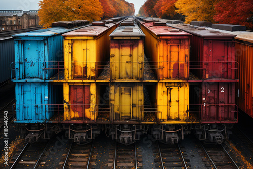 atercolor style aerial view of a colorful train with boxcars,.  photo
