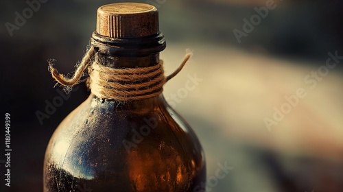 Vintage Glass Bottle with Cork and String: A Close-Up photo