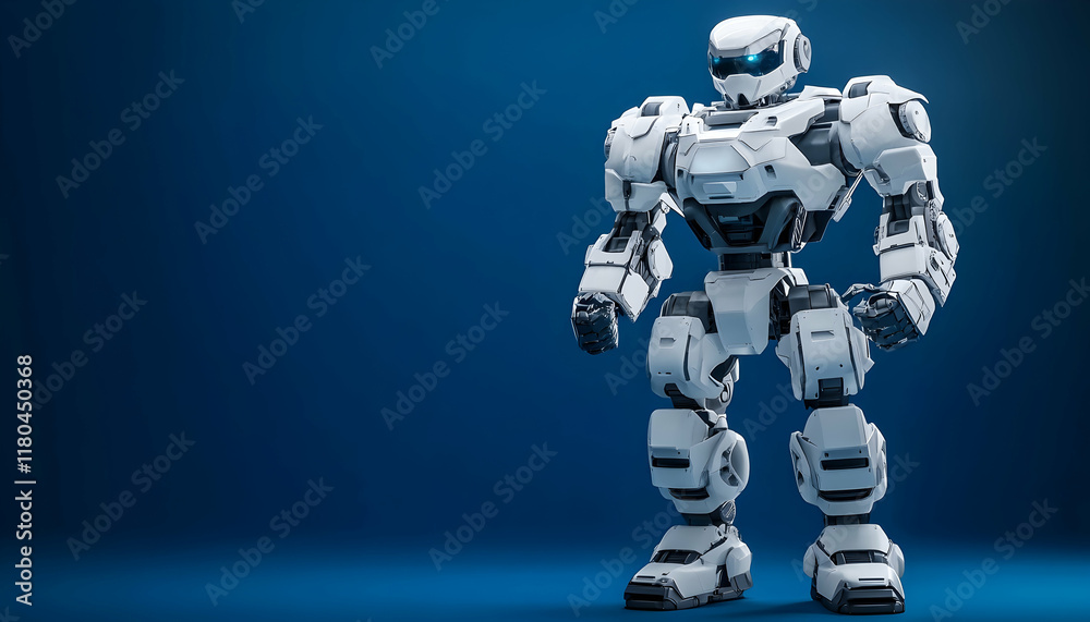 Fototapeta premium A realistic toy robot standing on a deep blue backdrop with open space for copy on the right
