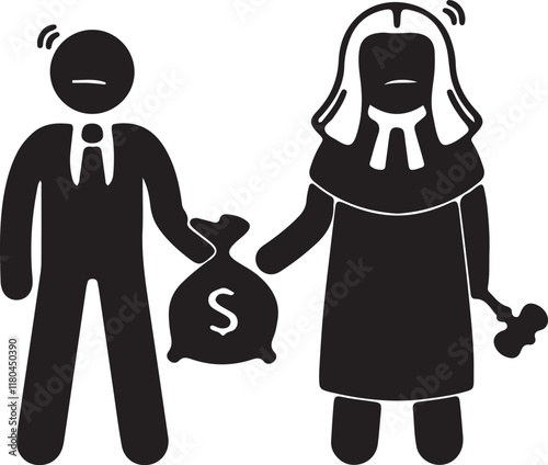 Illustration of an icon of a silhouette stickman businessman bribing a judge in court