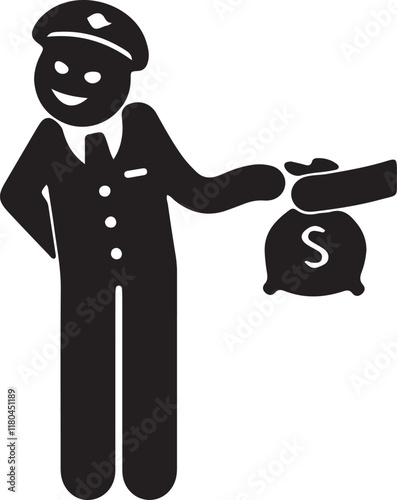 Illustration of an icon of a silhouette of a stickman police officer receiving a bribe shyly