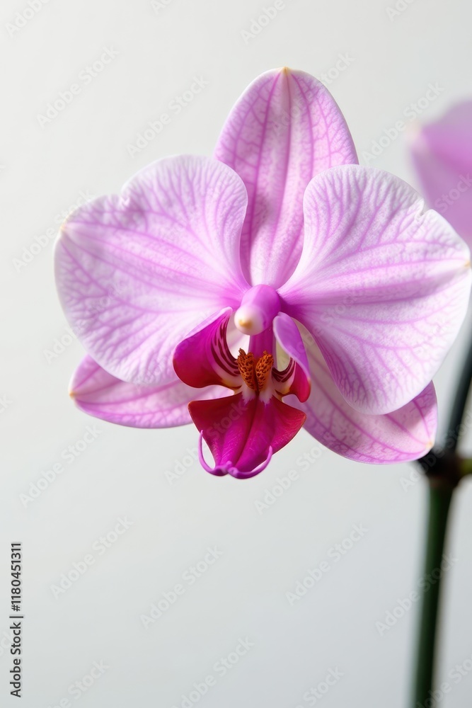 Delicate petals of rosy orchid gently unfold on white background, flowers, nature Delicate petals of rosy orchid gently unfold on white background, flowers, nature