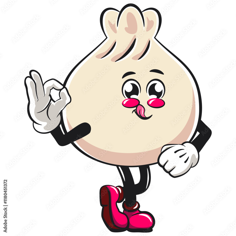 Cute dumpling vektor illustration mascot character greet by giving oke sign, Xiao Long Bao, Asian, Chinese food, work of hand drawn