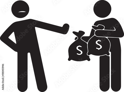 Illustration of an icon of a stickman holding two bags of money for a bribe, but being rejected