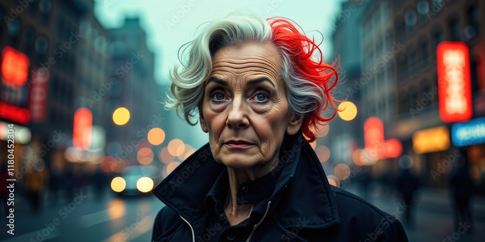 Obraz premium Woman with red hair and gray hair stands in the middle of a city street