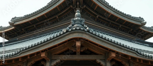 Intricate roofline, upturned eaves, ornate wooden beams, pagodalike structure, eaves, carving photo