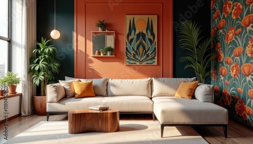 Art deco interior japandi living room with a large sectional sofa, a wooden coffee table, and a colorful floral wallpaper.