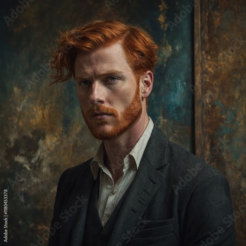 Middle-aged Caucasian man with red hair and beard, wearing dark suit, standing in front of textured wall