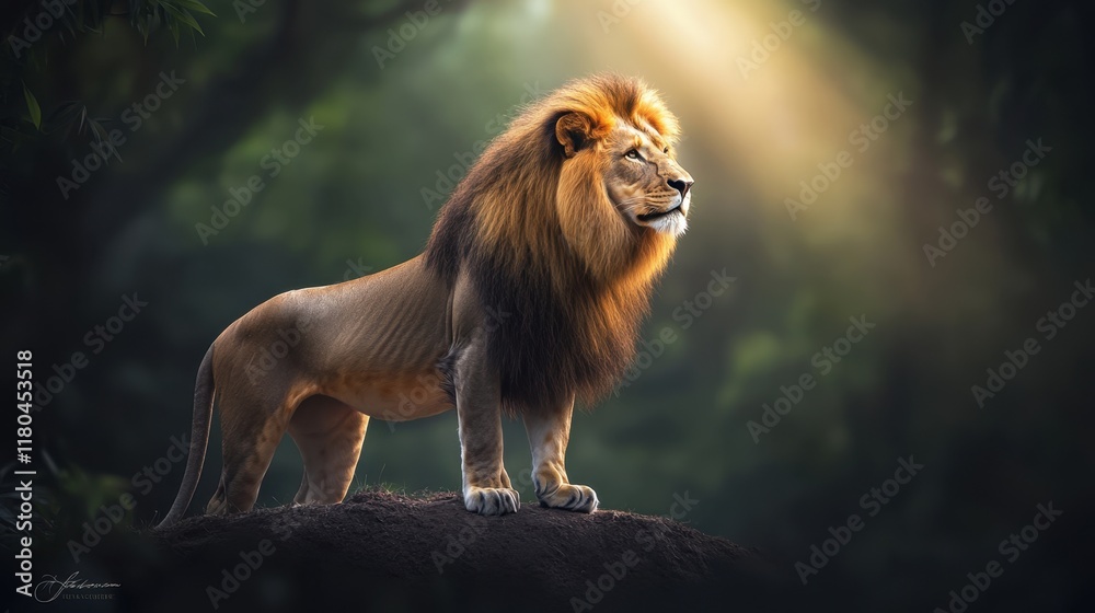 Fototapeta premium A lion standing on a hill surrounded by a dense forest, sunlight highlighting its powerful stance.