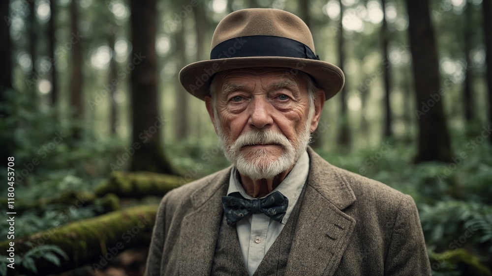 Elderly Caucasian man with long white beard, wearing brown hat, bowtie, and tweed jacket, standing in forest setting with moss-covered trees in background Elderly Caucasian man with long white beard, wearing brown hat, bowtie, and tweed jacket, standing in forest setting with moss-covered trees in background