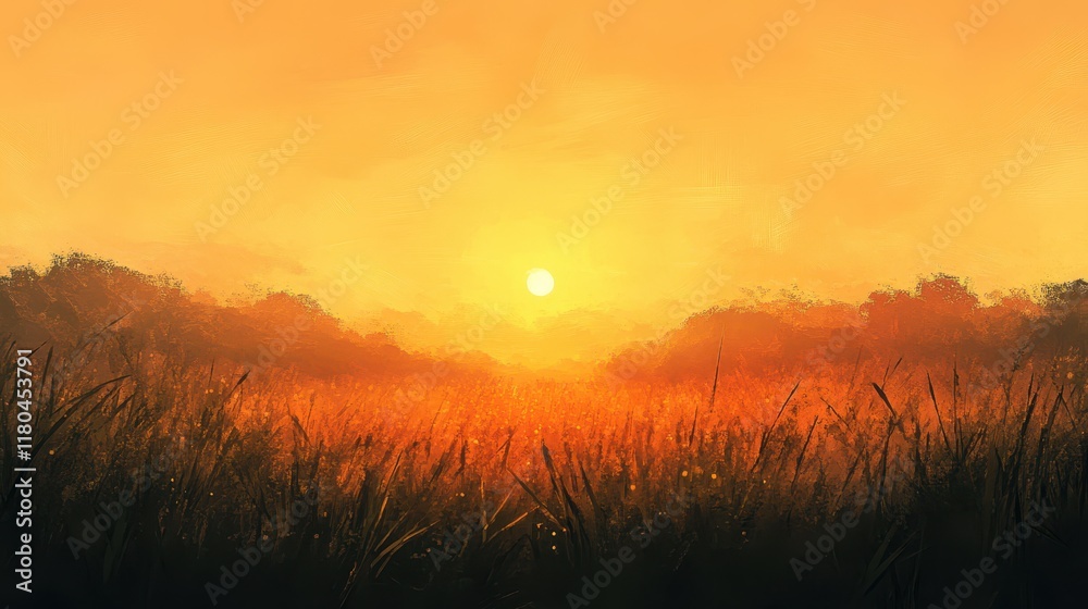 Golden Sunset Over Grassy Field And Trees Golden Sunset Over Grassy Field And Trees