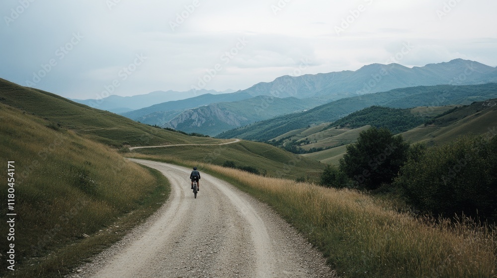 A solitary cyclist navigates a winding path through lush hills and valleys under an overcast sky, inviting thoughts of freedom and perseverance. A solitary cyclist navigates a winding path through lush hills and valleys under an overcast sky, inviting thoughts of freedom and perseverance.