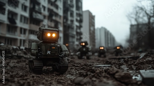 Small robots with glowing eyes traverse a desolate urban landscape, embodying innovation and exploration amidst decay. photo