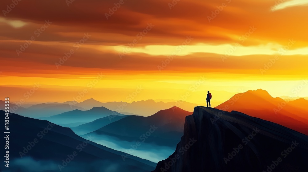 Stunning Sunset Over Mountains with a Silhouette of a Person Stunning Sunset Over Mountains with a Silhouette of a Person