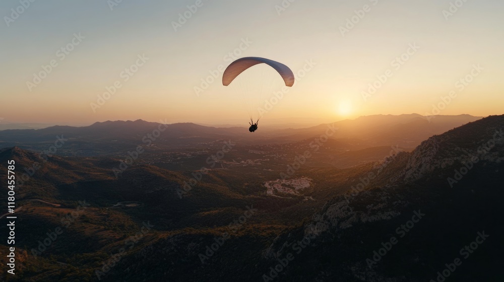 A lone paraglider soars over a vast landscape, silhouetted against a breathtaking sunset that casts a warm glow over the mountains and valleys below. A lone paraglider soars over a vast landscape, silhouetted against a breathtaking sunset that casts a warm glow over the mountains and valleys below.