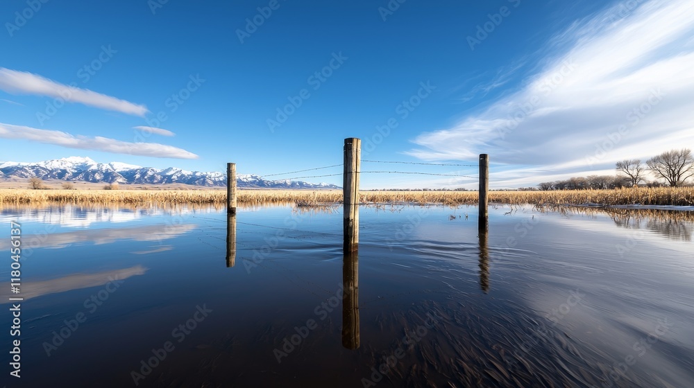 Submerged crops in flooded field, climate crisis scene, empty skies Submerged crops in flooded field, climate crisis scene, empty skies