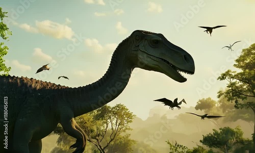 A dinosaur stands majestically in a lush prehistoric landscape during sunset.