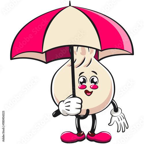 Cute dumpling vektor illustration mascot character with an umbrella, Xiao Long Bao, Asian, Chinese food, work of hand drawn