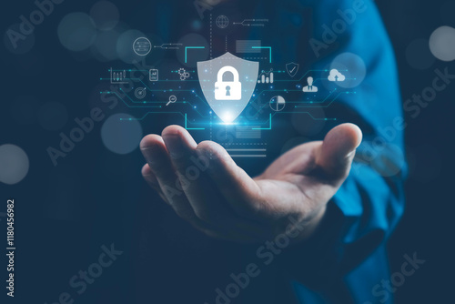 lock mark cybersecurity internet, protect attacks from a hacker. concept of password privacy on an online system, secure data from crime, virus cyber. cyber security technology digital information. photo