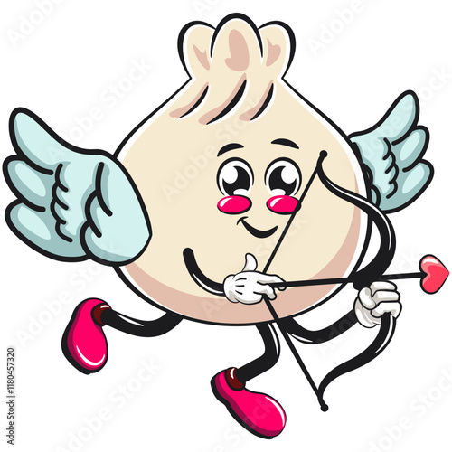 Cute dumpling vektor illustration mascot character being cupid with angel wings and the arrow of love, Xiao Long Bao, Asian, Chinese food, work of hand drawn