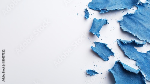 Tattered blue jeans close-up, isolated on clean white background, heavy wear details and rough texture, space for text on the side
