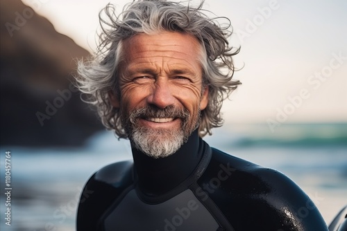 Portrait of happy senior man in wetsuit looking at camera photo