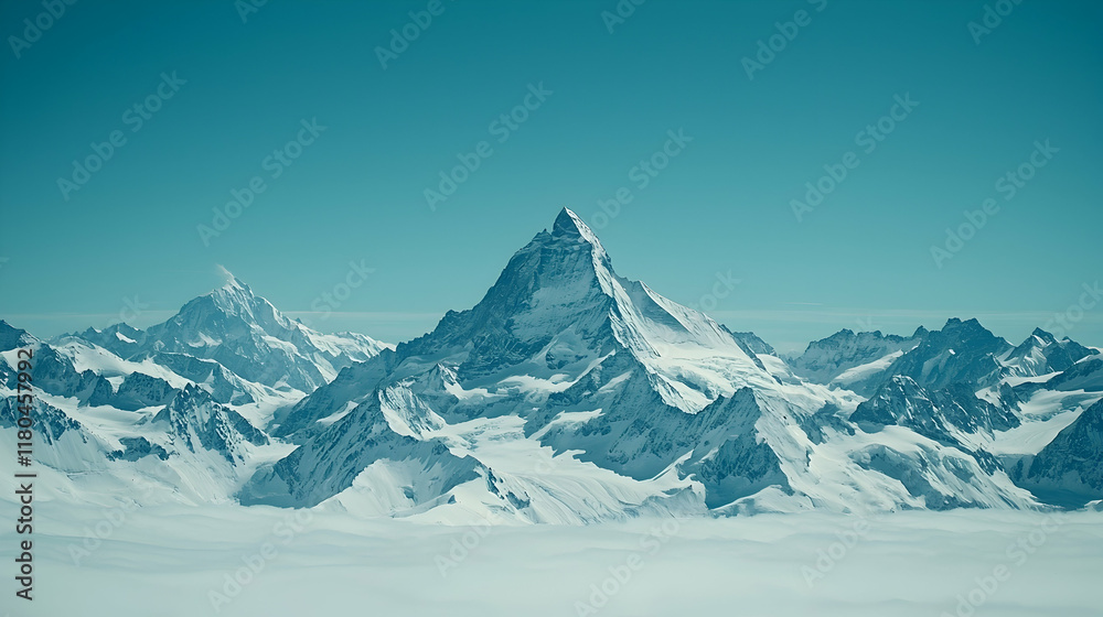 Obraz premium Majestic snow-capped Alps mountain range panorama, pristine white peaks and vast expanse of clouds, ideal for travel or nature-themed imagery.