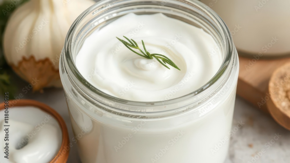 Creamy homemade yogurt in glass jar, close-up texture, food photography,preparation Creamy homemade yogurt in glass jar, close-up texture, food photography,preparation