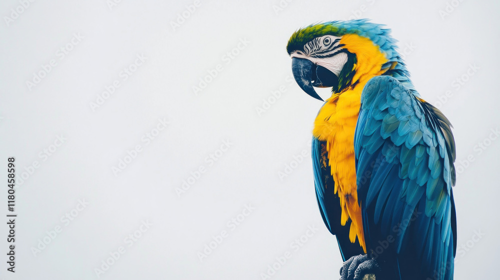 Fototapeta premium Vibrant blue-and-gold macaw parrot perched against a bright, overcast sky.