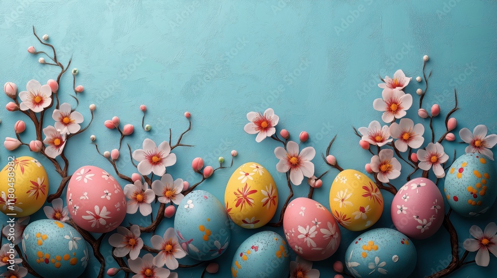 custom made wallpaper toronto digitalEaster Banner with Colourful Painted Eggs and Spring Flowers on a Light Blue Background