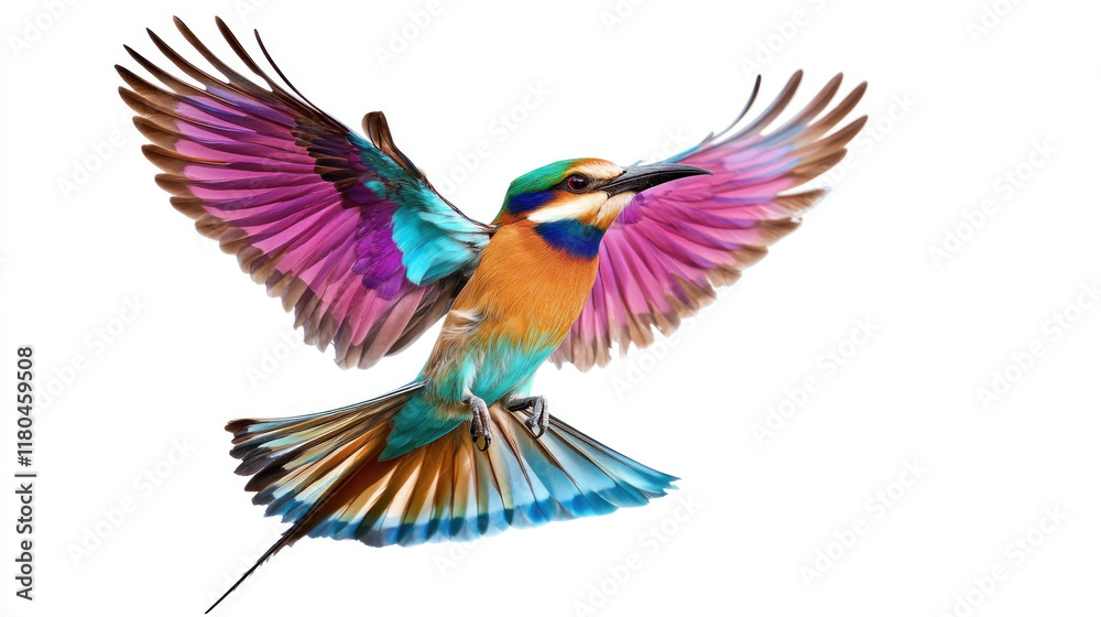 Obraz premium Vibrant colorful bird in flight, isolated on white.