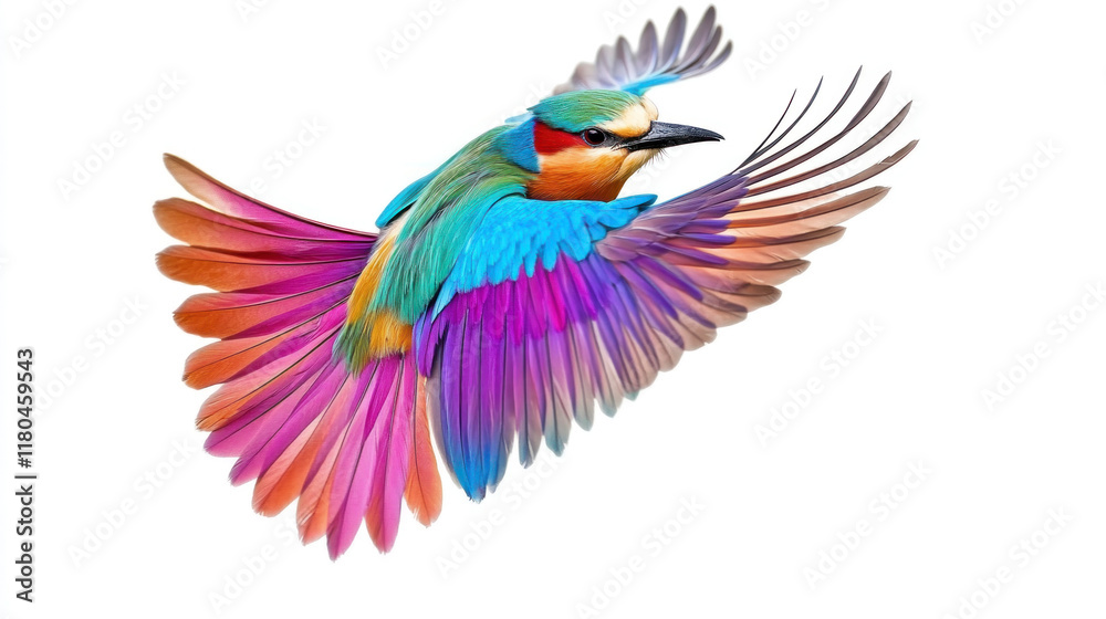 Obraz premium Vibrant colorful bird in flight, isolated on white.