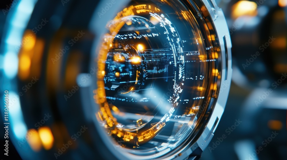 Obraz premium Futuristic spaceship cockpit showing a circular display with holographic projections of data, complex information and indicators, creating a high tech and immersive atmosphere