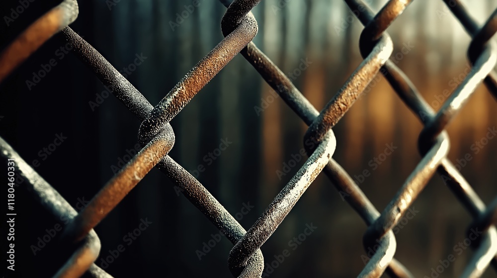 Close-Up View of Rusty Chain Link Fence with Dark Background and Warm Hues Close-Up View of Rusty Chain Link Fence with Dark Background and Warm Hues