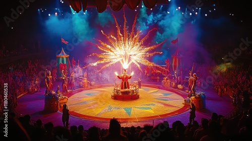 Colorful circus performance with fireworks display.