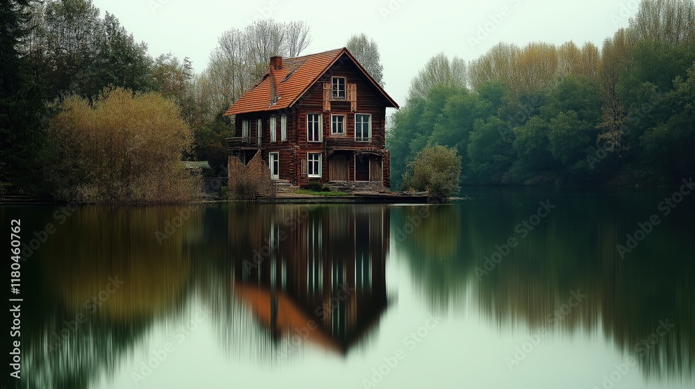 Charming Red House Surrounded by Lush Greenery and Tranquil Waters Charming Red House Surrounded by Lush Greenery and Tranquil Waters
