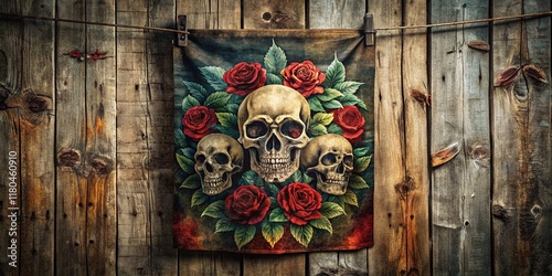 Vintage Grunge Skull & Rose Banner on Wooden Wall - Moody Stock Photo photo