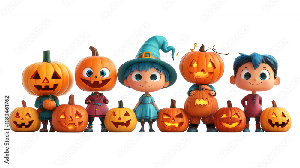 Naklejka premium [Whimsical animated Halloween pumpkin characters] Animated Cartoon Halloween Characters Standing Together With Smiling Animated Pumpkins In Colorful Whimsical Scene.