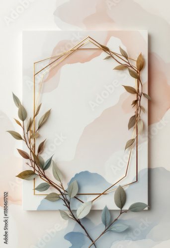 Gold Frame With A Wreath Of Leaves And Branches On A White Background. Wedding Invitation Card Design