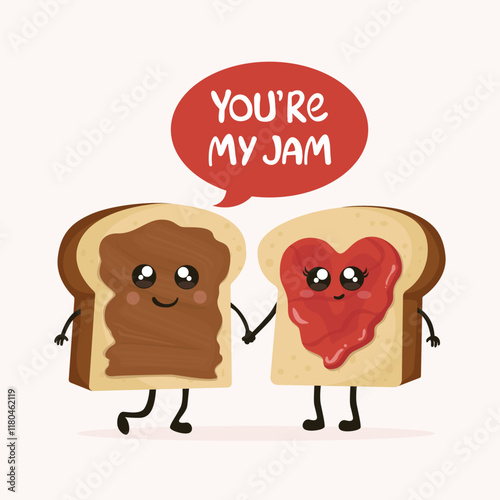 You're my jam illustration. Cute cartoons of toast holding each other hands. 