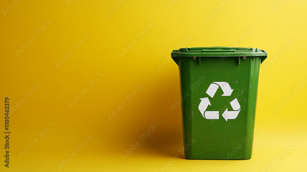 Green recycling bin on a yellow background. Green recycling bin on a yellow background.