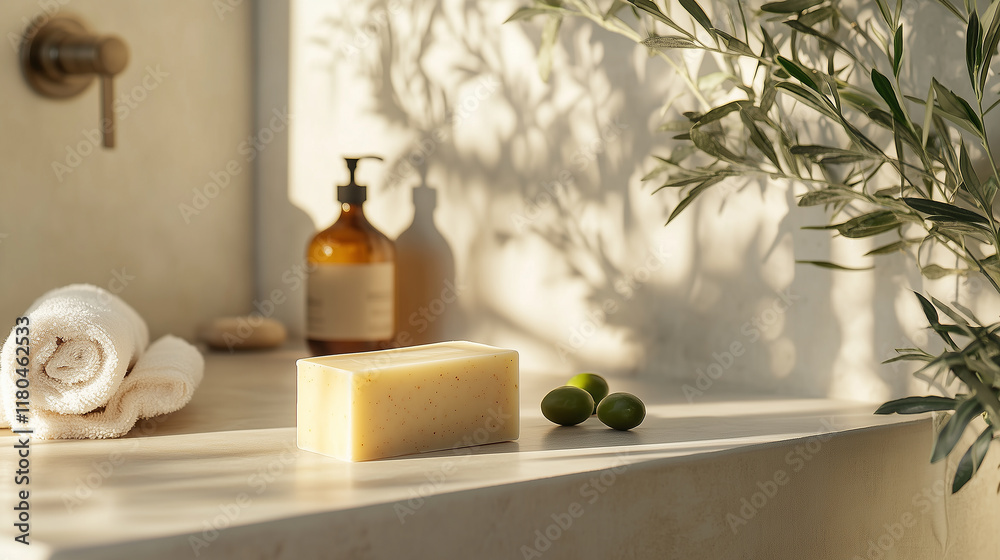 Product shot of a bar of soap in a natural setting inside a minimalist bathroom, surrounded by olive and aloe vera. Modern Bathroom interior with natural and vegan hygiene products Product shot of a bar of soap in a natural setting inside a minimalist bathroom, surrounded by olive and aloe vera. Modern Bathroom interior with natural and vegan hygiene products