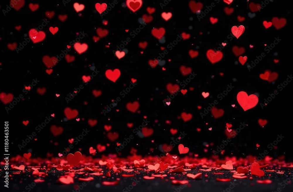 Red heart confetti falling down isolated on black background. Valentines day concept. Red heart confetti falling down isolated on black background. Valentines day concept.