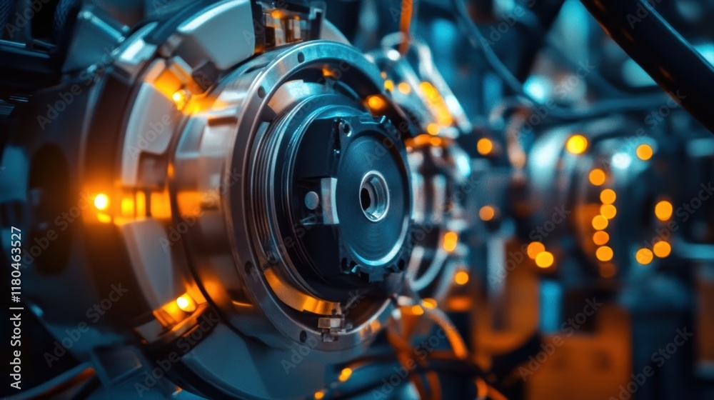 Fototapeta premium Complex machinery operates with glowing lights, showcasing intricate mechanisms and advanced technology in an industrial setting, highlighting the power and precision of modern engineering