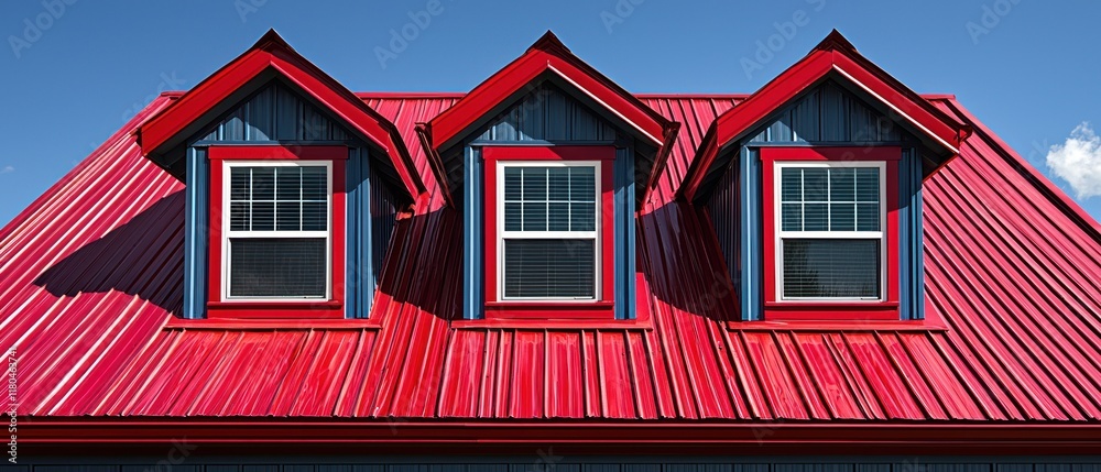Red metal roof with three gabled windows. Red metal roof with three gabled windows.