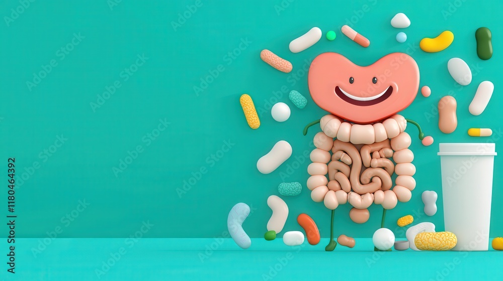 Fototapeta premium Gut health graphic featuring a smiling digestive tract next to stool examples