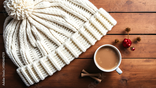 Cozy winter scene featuring a top view of a white bobble hat and a cup of hot chocolate on a rustic wooden desk._00001_ photo