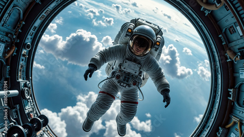 Fototapeta Naklejka Na Ścianę i Meble -  Female Astronaut Floating into Space Station