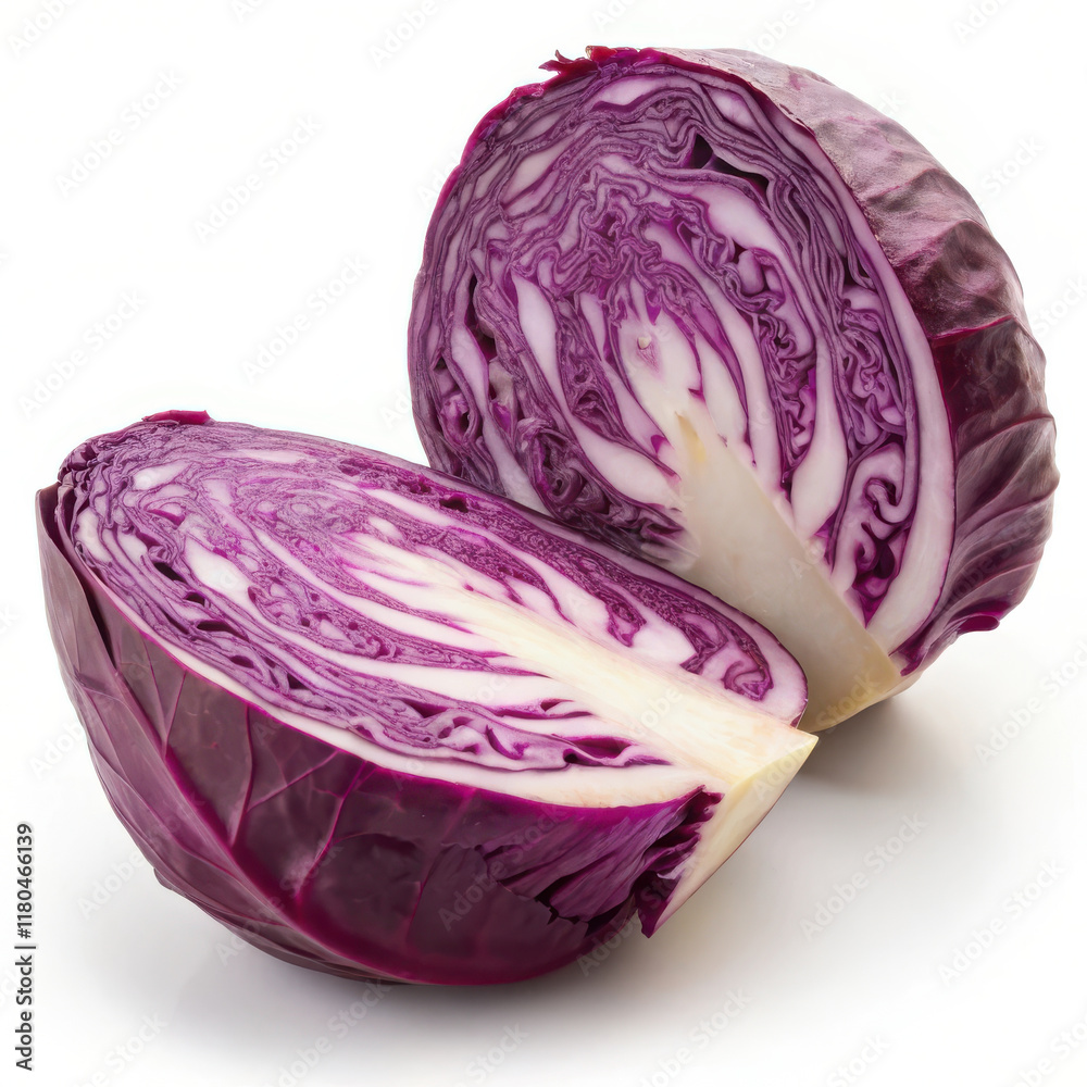 Fototapeta premium Fresh purple cabbage cut in half, showcasing vibrant color and texture